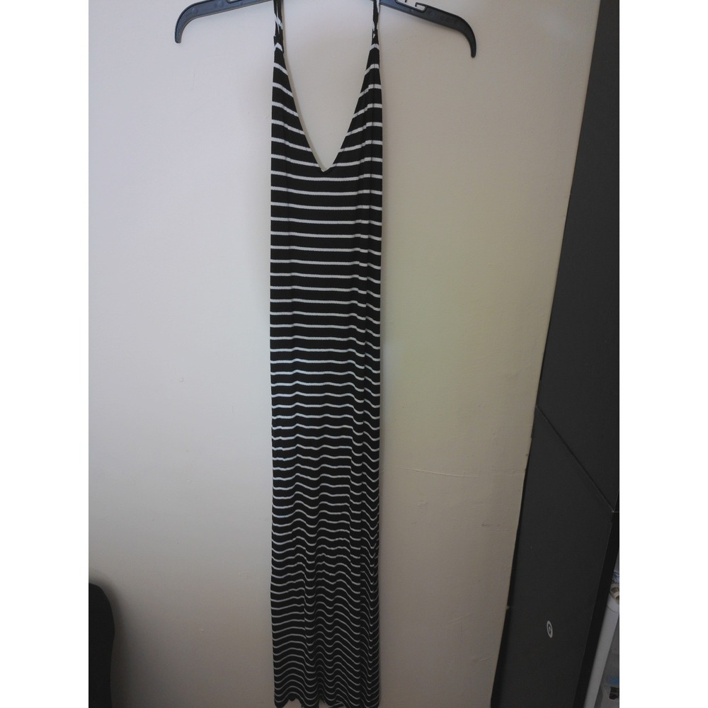 Sparkle & Fade Maxi Dress Womens S Black White Striped Halter Neck Sleeveless